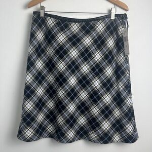 NEW Anne Klein Black & White Plaid Leather Trim 100% Virgin Wool A-Line Skirt 12